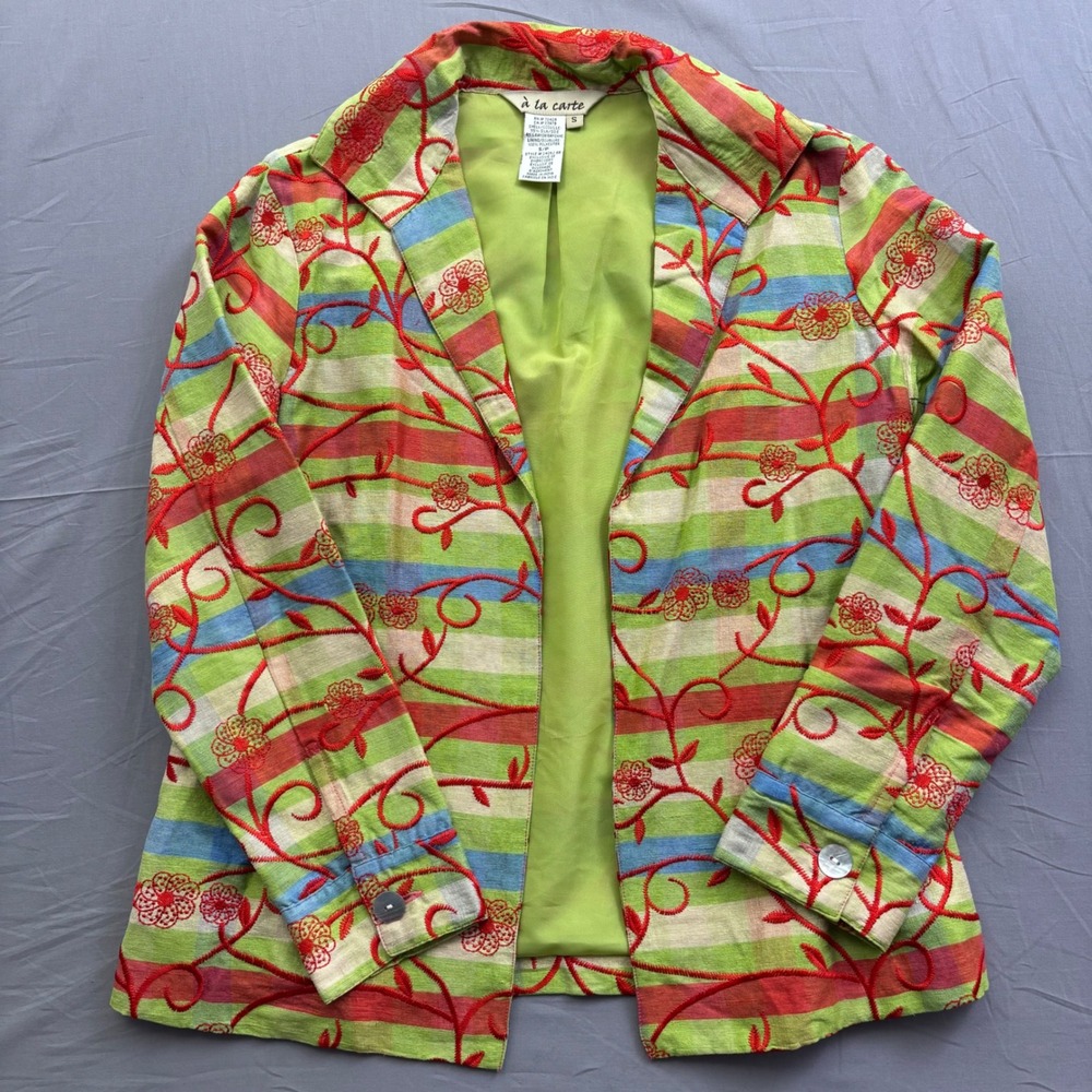 A la Carte Womens Silk Blend Embroidered Floral Striped Blazer Jacket Sz‎ Small